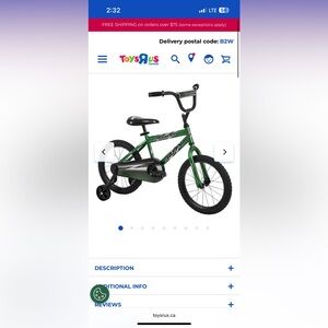 NWT Huffy Kids Green Bicycle with Training Wheels
